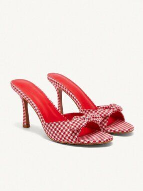 Red Elegant Women's gingham plaid Round Toe High Heel Mules Sandals Shoes